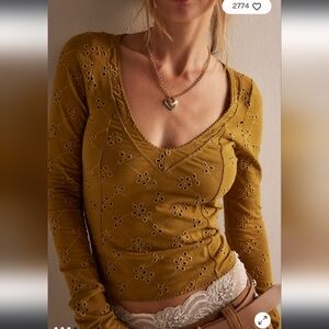 Free People Intimately Full Bloom Long Sleeve Eyelet Top Medium in Dried Tobacco
